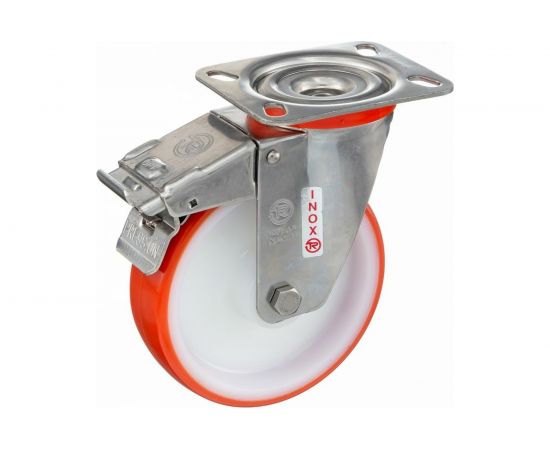 Колесо с нержавеющей вращающейся опорой, пластиной крепления и передним тормозом (125 мм; 220 кг; INOX) Tellure rota 606703 – изображение 2