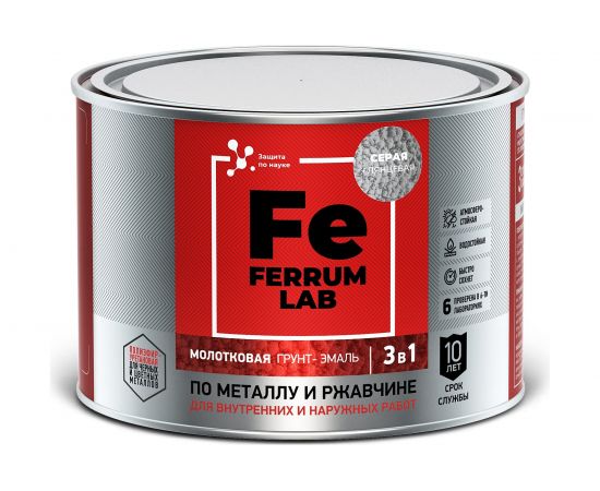 Грунт-эмаль по ржавчине 3 в 1 ЯРОСЛАВСКИЕ КРАСКИ FERRUM LAB молотковая, серая, банка 0,4 л 213545 – изображение 2