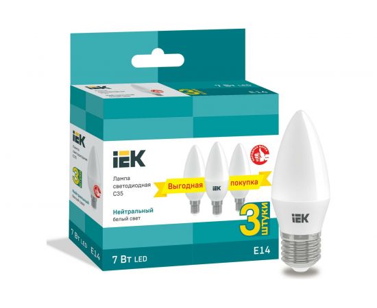 Лампа IEK LED C35 свеча 7Вт 230В 4000К E14 3шт/упак LLE-C35-07-230-40-E14-3 