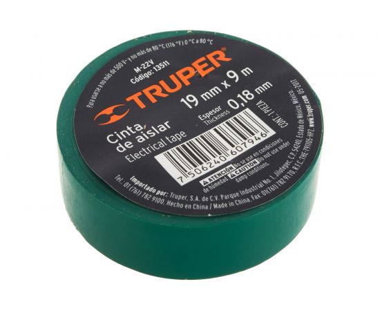 Изолента Truper акрил, 9 м, ширина 19 мм, зеленая M-22V 13511 