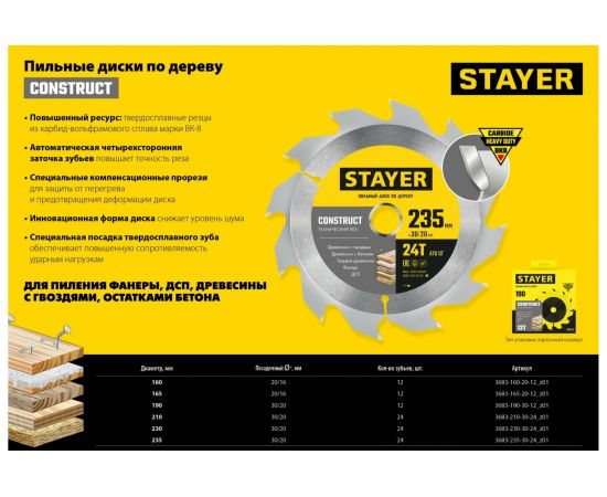 Пильный диск по дереву STAYER Construct 165x20/16 мм, 12Т, технический рез 3683-165-20-12_z01 – изображение 4