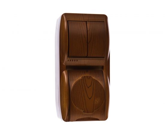 Выключатель и розетка Lezard, NATA, 2-х клавишный, с/з, с крышкой, сосна, вертикальный, 710-0800-173 