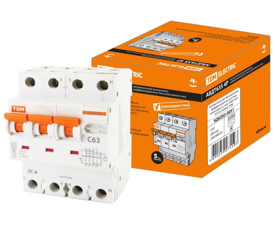 Автоматический выключатель дифференциального тока TDM 63S 4P3P+N C63 300мА 6кА тип АС SQ0202-0051 
