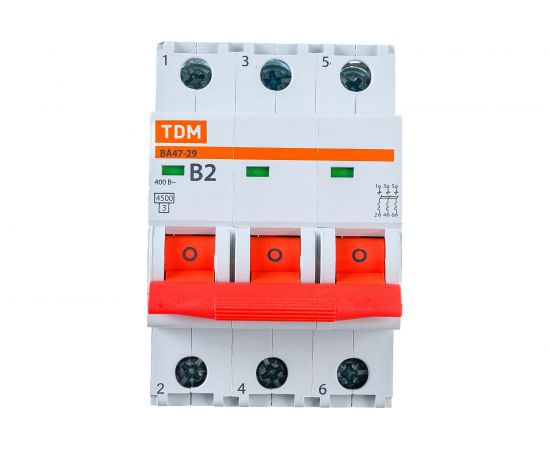Автоматический выключатель ВА47-29 (3Р; 2 А; 4.5 кА; В) TDM SQ0206-0034 