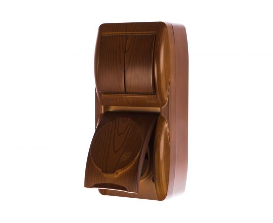 Выключатель и розетка Lezard, NATA, 2-х клавишный, с/з, с крышкой, сосна, вертикальный, 710-0800-173 – изображение 2