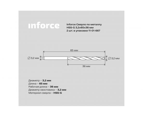 Сверло по металлу HSS-G (2 шт; 3.2х65х36 мм) Inforce 11-01-667 – изображение 2