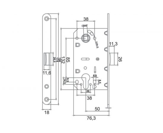Замок РЕНЦ под цилиндр с полиамидным язычком PALOMA, межосевое расстояние 85 мм, бронза античная INLB 85 PL AB – изображение 2