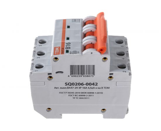 Автоматический выключатель TDM ВА47-29 3Р 16А 4,5кА х-ка В SQ0206-0042 – изображение 3