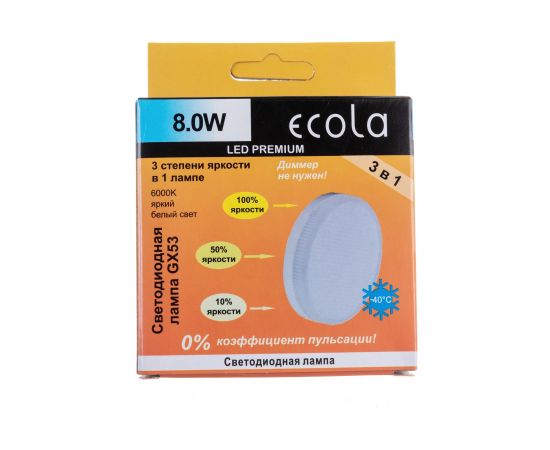 Светодиодная лампа Ecola GX53 LED Premium 8,0W Tablet 220V 6000K димм 3-х ступ. матовая 27x75 T5CD80ELC – изображение 5