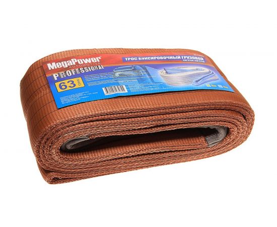 Буксировочный грузовой трос MEGAPOWER 63000кг длина 5 метров, ширина ленты 180мм петля-петля M-75563 