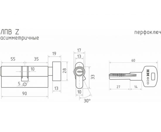 Цилиндровый механизм НОРА-М ЕСО Z ЛПВ-90 55-35 хром 16566 – изображение 3