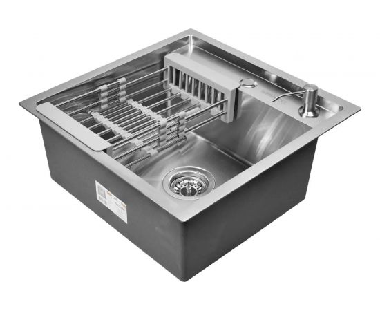 Кухонная мойка из нержавеющей стали WISENT 5050 50x50 см, c раздвижным коландером и дозатором WS35050/W302644/W405A/WGER010 