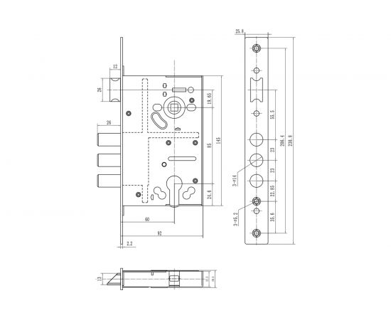 Корпус цилиндрового замка DOORLOCK DL8252С/60/85мм, хромированная фронтальная планка 26х230мм, реверсивный, диаметр ригелей 14 мм 75329 – изображение 2