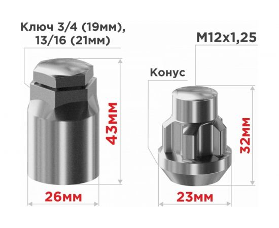 Гайки секретки М12x1.25, 32 мм, конус закр 5 луч 1 кл, хром 004, 4 шт SKYWAY S10702004 – изображение 3