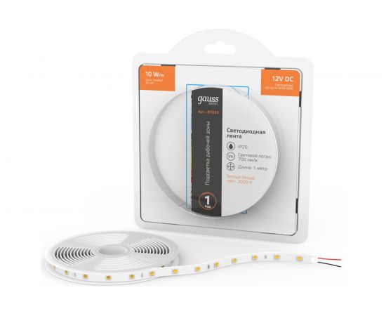 Лента Gauss Basic 12V 10W/m 700lm/m 3000K IP20 LED 1m BT033 