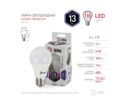 Светодиодная лампа ЭРА LED A60-13W-860-E27, груша, холодный Б0031395 – изображение 3
