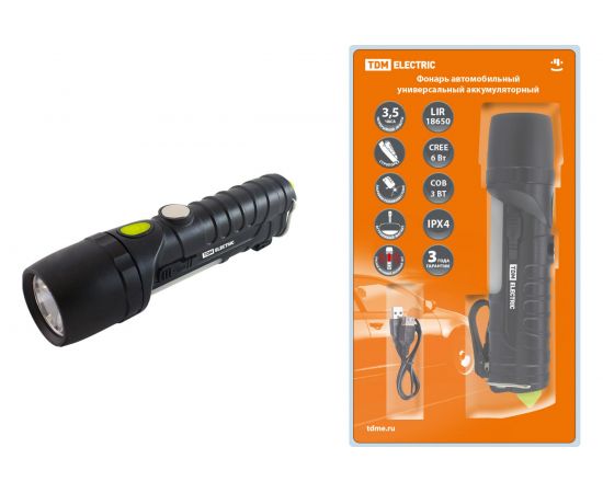 Фонарь TDM автомоб. универс., 6 Вт CREE+3 Вт COB,1x18650 2200 мА*ч, магн., стропорез, SQ0350-0058 