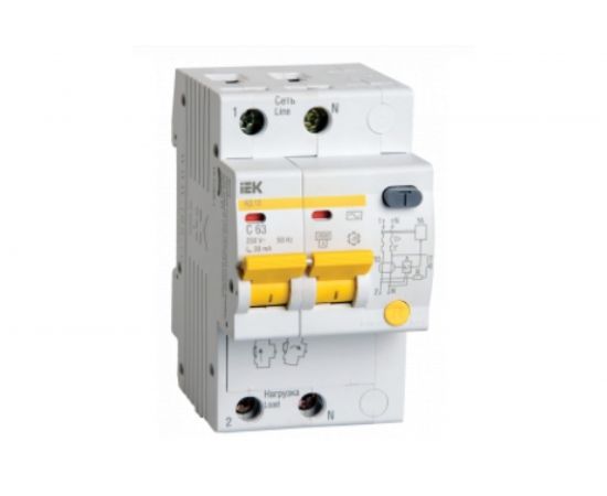 Автоматический выключатель дифференциального тока IEK 2п 4мод. C 63A 30mA тип AC 4.5kA АД-12 ИЭК MAD10-2-063-C-030 