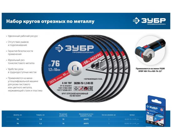 Отрезные круги по металлу ЗУБР X-2 5 шт, 76x1.2x10 мм 36200-76-1.2-H5_z03 – изображение 5