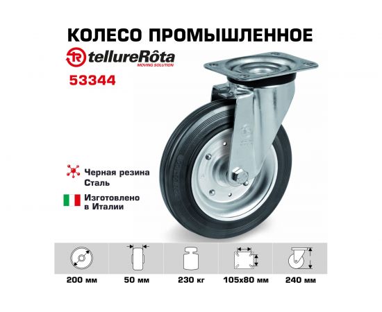 Колесо поворотное с панелью (200 мм; 230 кг; черная резина/сталь; роликовый подшипник) Tellure rota 53344 – изображение 2