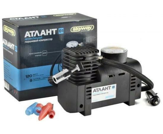 Компрессор пластиковый 9л/мин в прикуриватель 3 вида насадок 20 АТМ SKYWAY АТЛАНТ-01 S02002003 