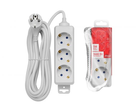 Удлинитель с заземлением duwi Supraline 3 розетки, 5 метров, 3х1,5мм2, 3680 Вт, 16А, 32057 9 