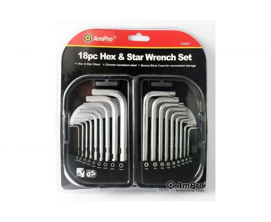 Набор длинных Г-образных ключей AmPro T10-T50; М15-М10, 18 предметов T22947 