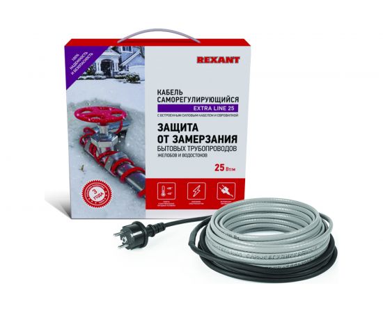 Греющий саморегулирующийся кабель на трубу Rexant Extra Line 25MSR-PB 9M 9м/225Вт 51-0644 – изображение 6