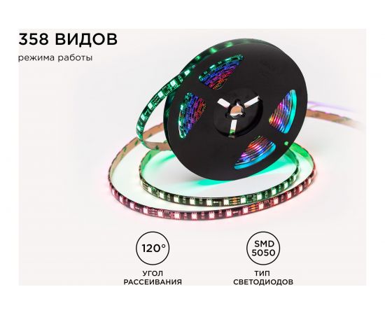 Комплект адресной ленты Apeyron 24В, 14,4Вт/м, smd5050, 60д/м, IP65,подложка 10мм (черная), 5м, RGB/ 10-98 – изображение 8