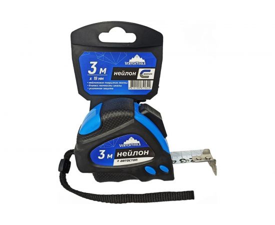 Рулетка vertextools нейлоновая 3х19 мм, автостоп 3044-3 