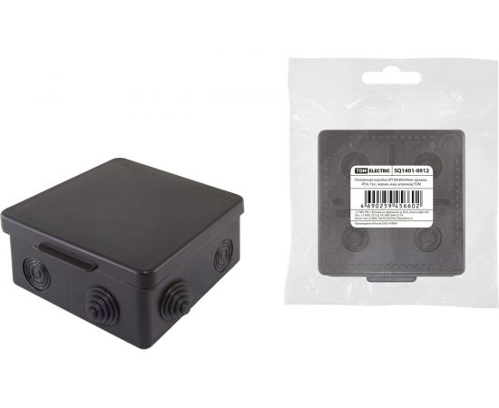 Распаячная коробка TDM ОП 80x80x50мм, крышка, IP54, 7 входов, черная, индивидуальный штрихкод SQ1401-0912 