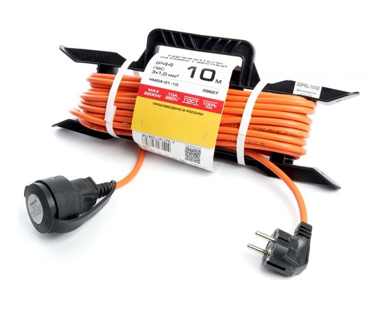 1-местный удлинитель-шнур на рамке STEKKER с заземлением HM04-01-10, 3х1.0мм2, 10м, 10А, Home, оранжевый 39627 