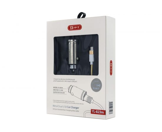 Автомобильное зарядное устройство BYZ 2хUSB-А, 2.4 А, кабель BL-695 AM-microBM, серебро 23750-YL-823Sm – изображение 6
