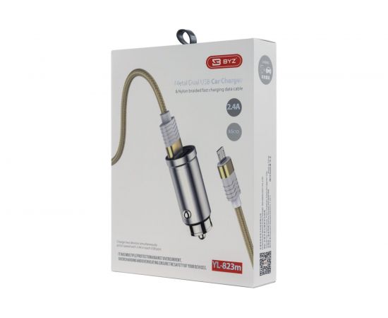 Автомобильное зарядное устройство BYZ 2хUSB-А, 2.4 А, кабель BL-695 AM-microBM, серебро 23750-YL-823Sm – изображение 8
