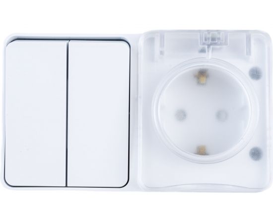 Блок: розетка с заземлением со шторками 16А 250B и 2-клавишный выключатель 10А Schneider Electric AtlasDesign AtlasDesign PROFI IP54 открытой установки ATN540174 