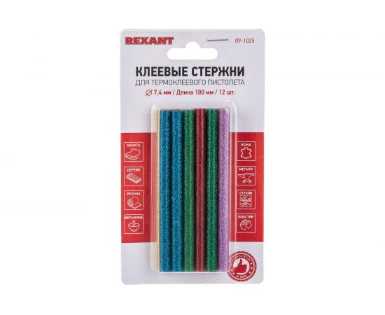 Клеевые стержни (d=7,4 мм, L=100 мм, цветные с блестками, 12 шт.) Rexant 09-1025 