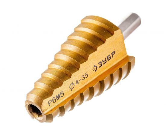 Сверло ступенчатое 2-х модульное Профессионал (4-35 мм; 14 ступеней; Р6М5; TIN) по сталям и цветным металлам ЗУБР 29673-4-35 – изображение 2
