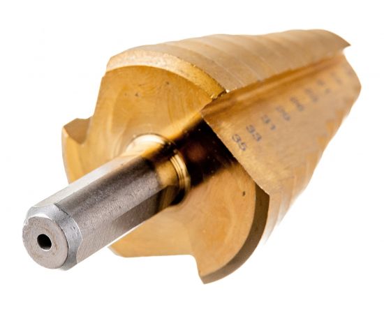 Сверло ступенчатое 2-х модульное Профессионал (4-35 мм; 14 ступеней; Р6М5; TIN) по сталям и цветным металлам ЗУБР 29673-4-35 – изображение 3