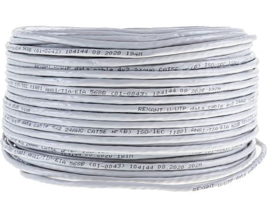 Кабель REXANT UTP 4PR 24AWG, CU , CAT5e, 100 МГц, PVC, серый, бухта 100 м 01-0043-100 – изображение 4