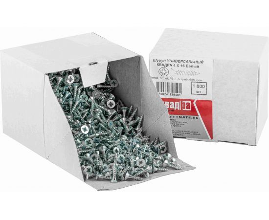 Универсальный саморез КВАДРА 4x16 белый, потайная голова, цинк, кор. 1000 шт. 403016501000 