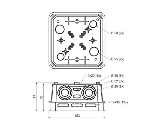 Распределительная коробка KOPOS для твердых стен скрытого монтажа 153х153х73 мм KO 125 E_KA – изображение 2