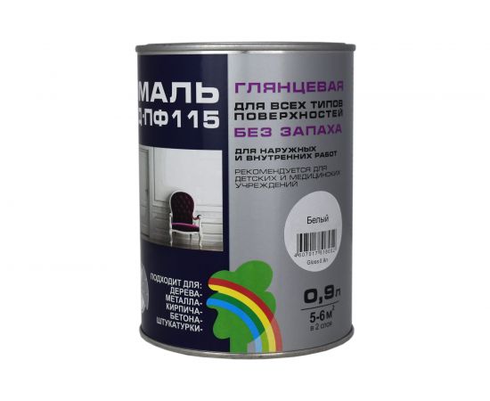 Глянцевая цветная эмаль Радуга GLOSS ВД-ПФ 115 белый, 0,9 л 143140 