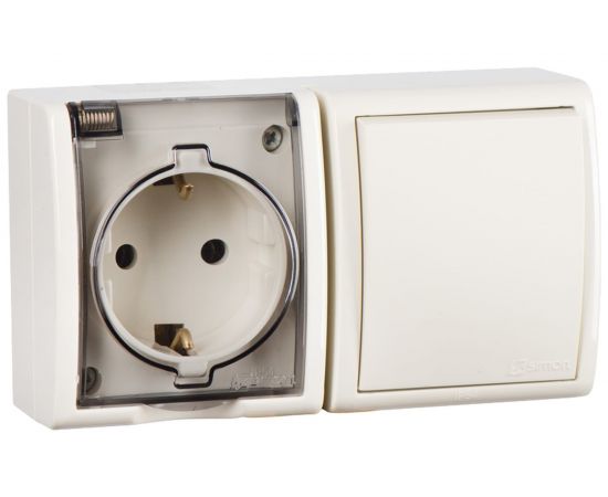 Блок розетка + выключатель 1 клавишный Simon с заземлением Schuko 16А 250В 10А 250В, IP54, S15 Aqua 1594511-031 