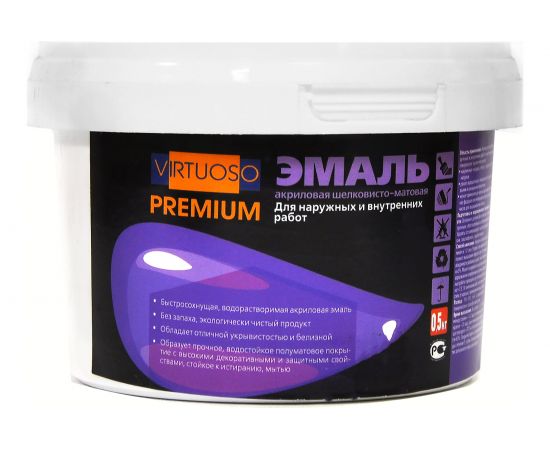 Акриловая универсальная эмаль VIRTUOSO PREMIUM шелковисто-матовая, белая 0,5кг 11593938 