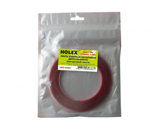 Акриловая двусторонняя клейкая лента Holex 6 мм х 5 м, 1 мм, прозрачная, блистер HAS-93861 