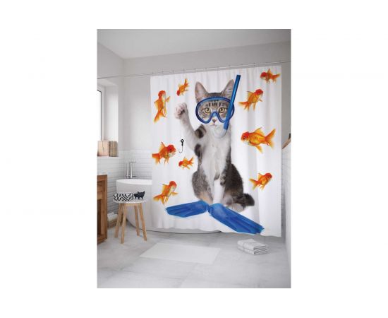 Штора (занавеска) для ванной JoyArty ""Кот водолаз"" из сатена, 180х200 см с крючками, sc_9632 