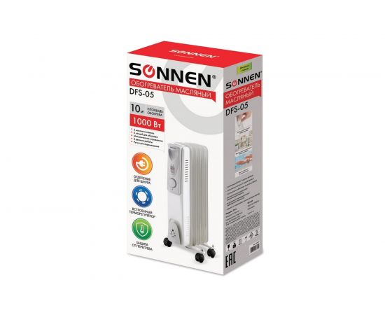 Масляный обогреватель SONNEN DFS-05, 1000 Вт, 5 секций, белый, 453497 – изображение 8