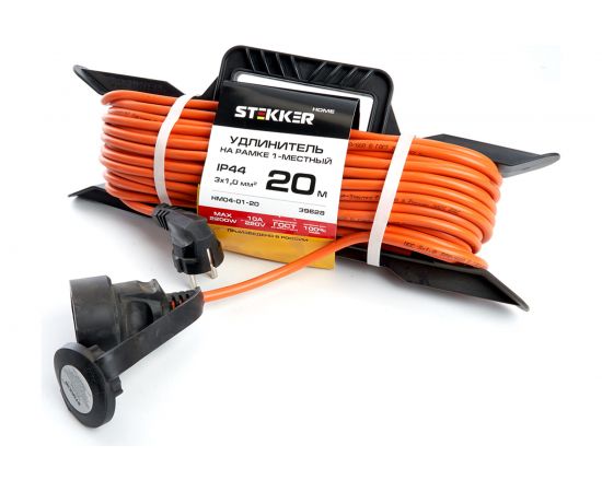 1-местный удлинитель-шнур на рамке STEKKER с заземлением HM04-01-20, 3х1,0мм2, 20м, 10А, Home, оранжевый 39628 