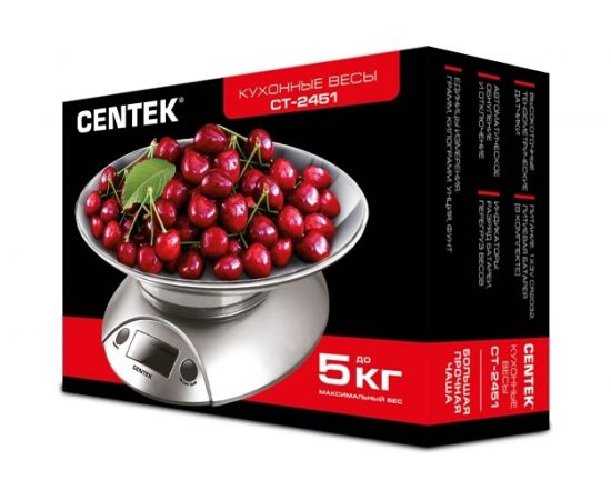 Кухонные весы Centek электронные, чаша, пластик, 5кг, шаг 1г, тарирование серебро/черный CT-2451 – изображение 3