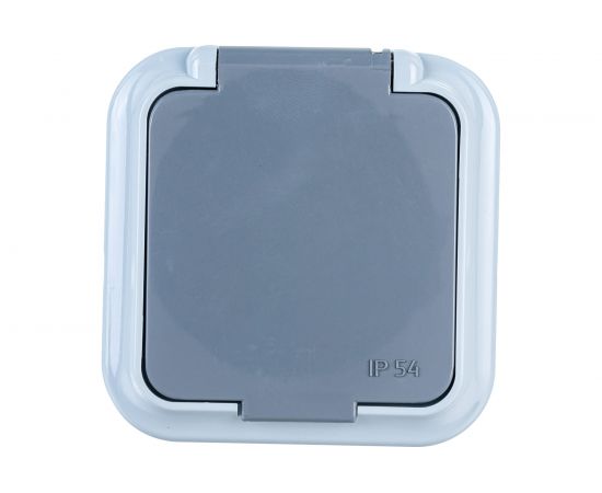 Розетка Bylectrica 1-местная, открытая установка, с заземляющим контактом, со шторкой IP54, серия ПРАЛЕСКА АКВА, серый, РА16-097 03 